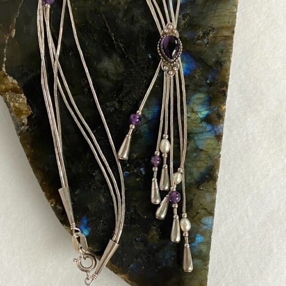 VTG Q.T. Sterling Carlisle Jewelry Amethyst Liquid Silver Tassel Y Necklace - Picture 15 of 16